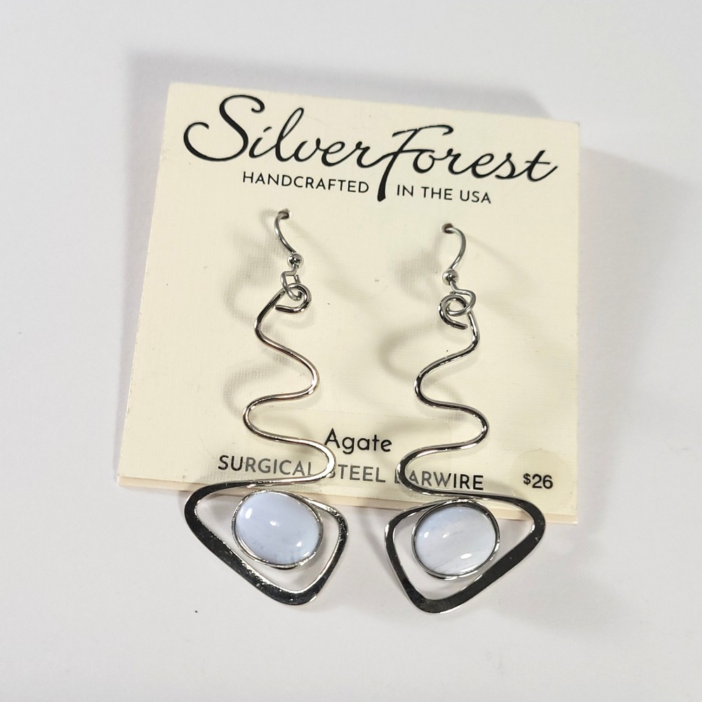 Silver Forest Earrings Blue Lace Agate Wavy Handcrafted Surgical Steel Wire